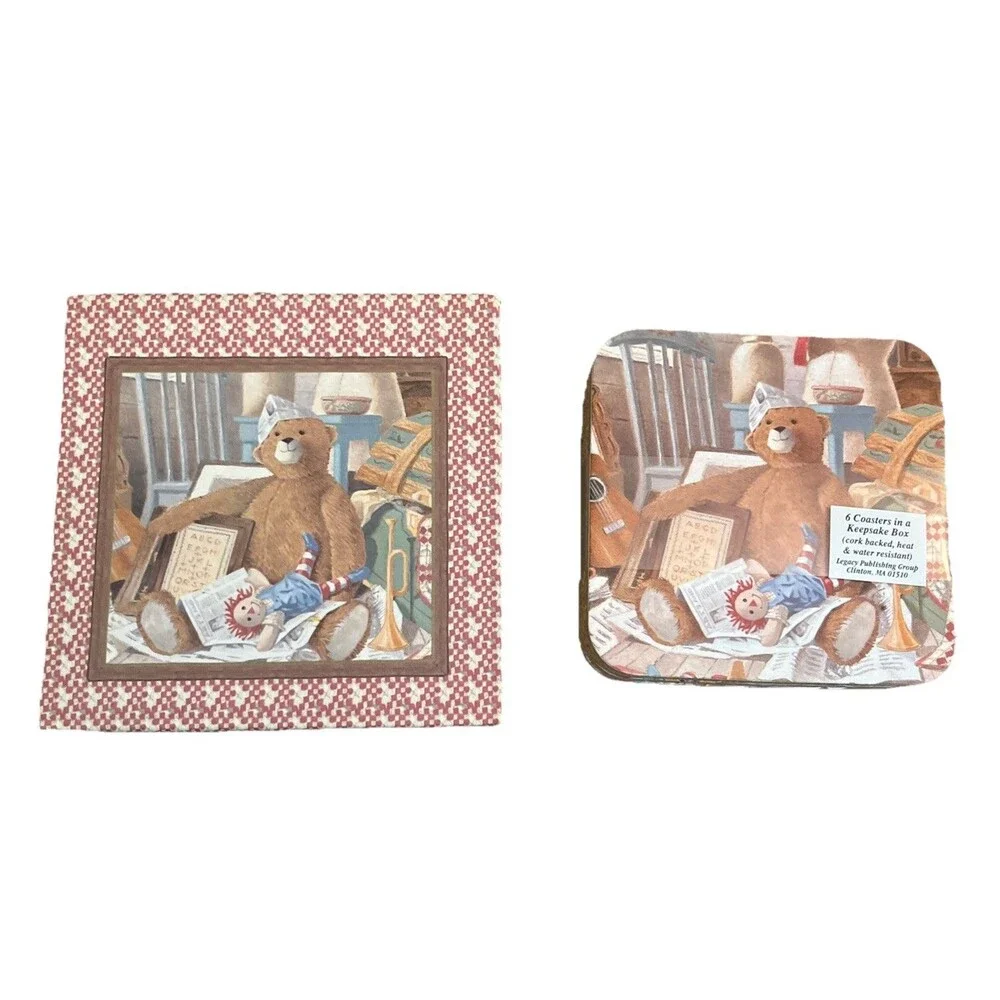 Teddy Bear Set 6 Corked Back Coasters Keepsake Box New Water Resistant Country